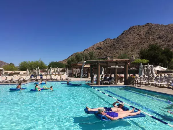 Hotel guests cool off at the pool at the JW Marriott Scottsdale Camelback Inn Resort and Spa in Paradise Valley, Ariz., on Sunday, June 19, 2016. States in the Southwest are in the midst of a summer heat wave as a high pressure ridge bakes Arizona, California and Nevada with extreme, triple-digit temperatures. Photo: Anna Johnson, AP