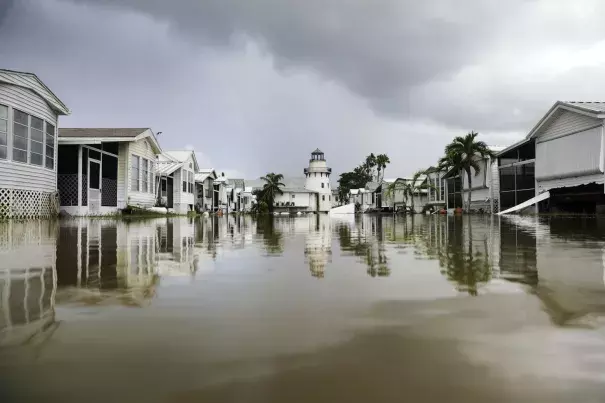 A mobile home community is flooded in the aftermath of Hurricane Irma in Everglades City, Fla., on Sept. 11. Photo: David Goldman, AP