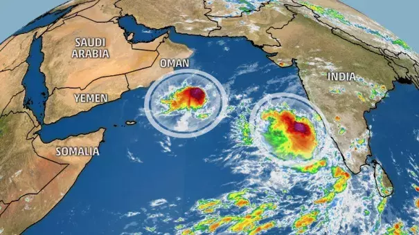The pair of tropical cyclones in the Arabian Sea on Oct. 31, 2019.