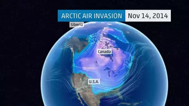 European (ECMWF) model forecasted coldest air a few thousand feet above the surface (850 millibars) from Nov. 14-21, 2014. 