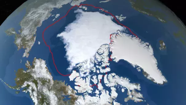 The September 18, 2019 Arctic Sea Ice extent (blue-white), compared to the 1981-2010 average minimum extent (red line). Credit: NASA Goddard