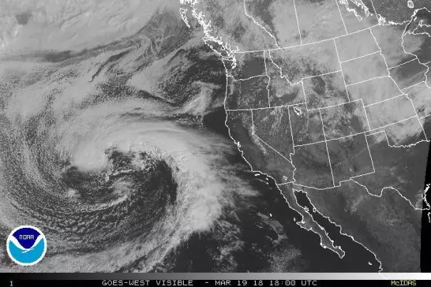  satellite presentation of Pineapple Express storm headed for Southern California. Image: NOAA