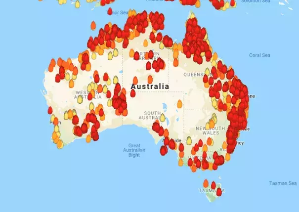 Hundreds of bushfire hotspots across the nation as of Friday, Dec. 20, 2019. Credit: My Fire Watch
