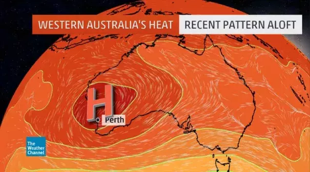 Upper-level weather pattern, featuring a dome of high pressure aloft, responsible for Perth, Australia's record heatwave from Feb. 7-10, 2016. Photo: The Weather Channel
