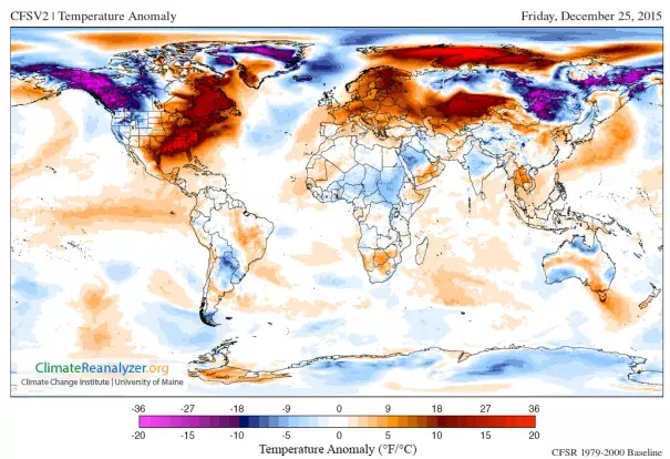 Temperature departure from average for Dec. 25, 2015. Image: Climate Reanalyzer