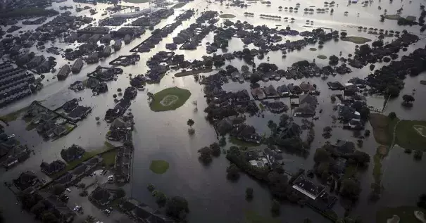 Floodwaters from Harvey surrounded homes in Port Arthur, Texas, on Aug. 31. Photo: Gerald Herbert, AP