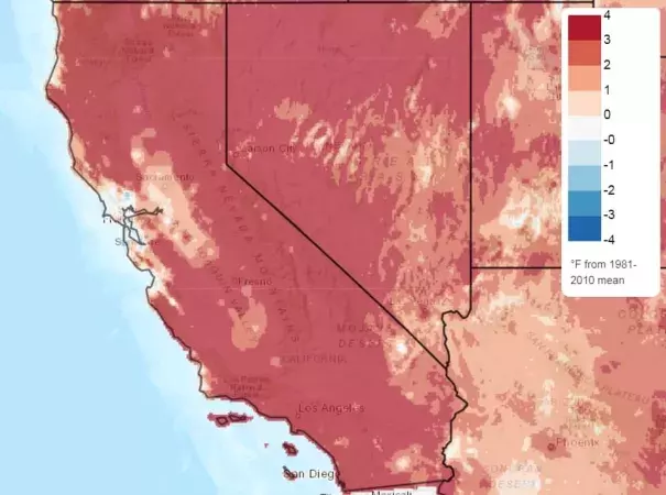 Temperature difference from normal in California over past 30 days. Image: Climate.gov