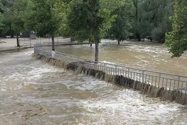 Grounds of Boulder High School on September 13, following historic rainfall and flooding. By September 16, the month-to-date precipitation was already more than 1.7 times any monthly rainfall total since records began in the late 1880s. Photo: Bruce H. Raup