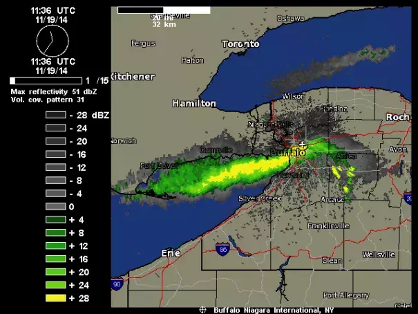Radar loop of an intense lake effect snow band affecting the Buffalo, New York region between 6:36 - 9:07 am EST November 19, 2014. The band, which had been nearly stationary over South Buffalo for over 24 hours, is seen finally lifting northwards out of the city, thanks to a wind shift caused by an approaching trough of low pressure. Image: Weather Underground