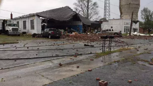 Damage to a building is seen in Gordon, Georgia, on Monday, April 3, 2017. Photo: WGXA-TV/Richard Clark