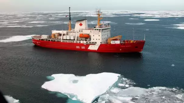 The CCGS Amundsen, an icebreaker with 40 scientists on board, was diverted from the first leg of a journey through the Arctic on Sunday to help search and rescue efforts off the coast of Newfoundland in the Strait of Belle Isle. Photo: Canadian Department of Fisheries and Oceans