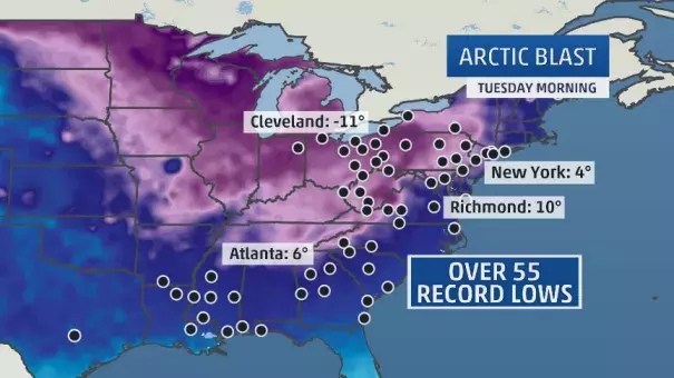 Arctic blast sets over 55 record lows. Image: The Weather Channel