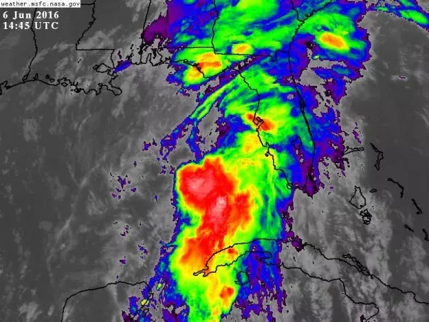 Infrared NOAA GOES image of Tropical Storm Colin as of 1445Z (10:45 am EDT) Monday, June 6, 2016. Image: NASA