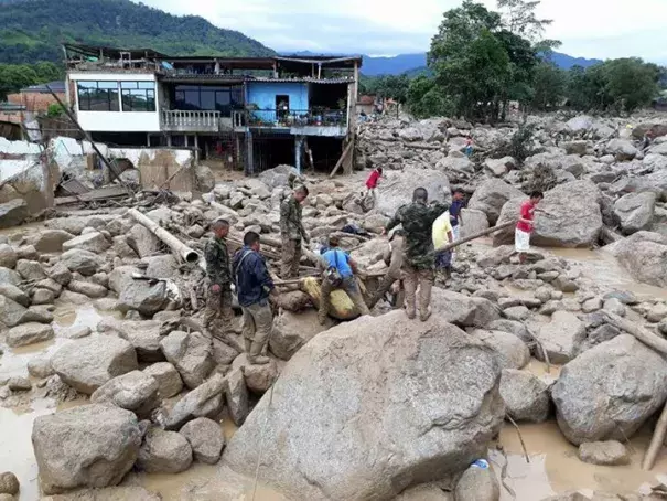 Mocao, Colombia after the Saturday, April 1, 2017 flood.  A video from early Saturday morning showed cars and trucks being swept down the streets. Photo:  Ejército Nacional de Colombia via Facebook