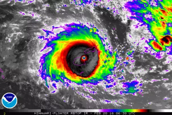 Cyclone Winston, near peak strength, as it made landfall in Fiji on Saturday. Photo: NOAA