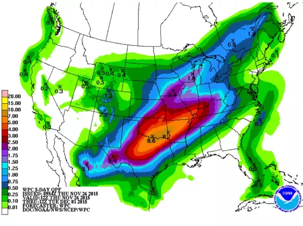 Projected 5-day precipitation totals (rain and melted snow/sleet) for the period from 7 am EST Thursday, November 26, through Tuesday, December 1.