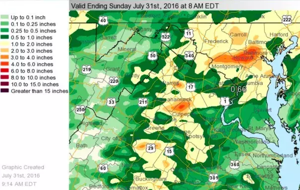 24-hour rainfall amounts through 8 am EDT Sunday, July 31, 2016, in the Washington-Baltimore area. Image: NWS DC/Baltimore
