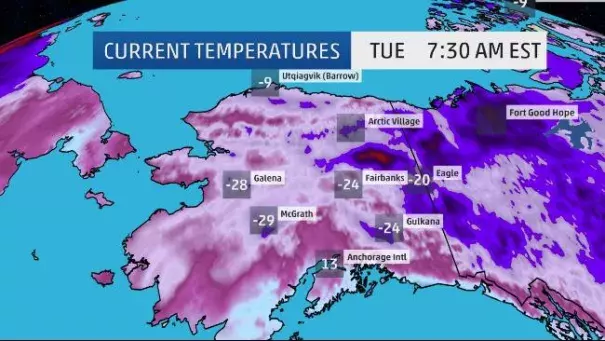 Temperatures in Alaska, 7:30am EST on Tuesday, December 6. Image: The Weather Channel