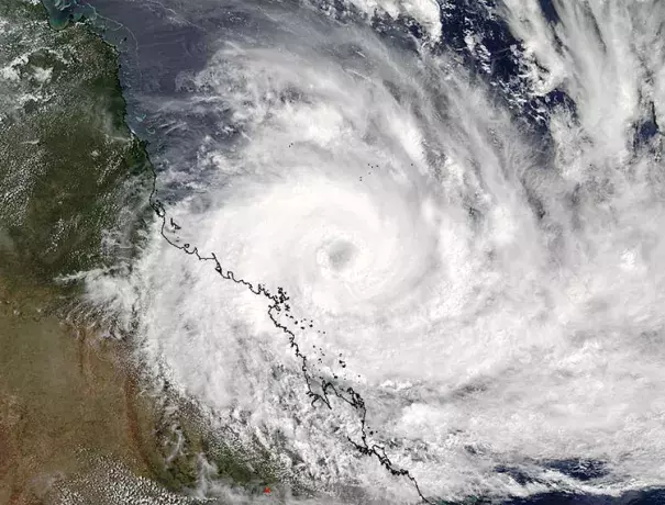 Tropical Cyclone Debbie, as seen on Monday afternoon (local time), 03:50 UTC March 27, 2017. At the time, Debbie was an intensifying Category 2 storm with 105 mph winds. Image: NASA