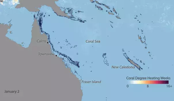 Thermal stress around the Great Barrier reef from January-March 2017. NOAA Climate.gov image by Dan Pisut, based on NOAA Coral Reef Watch maps.