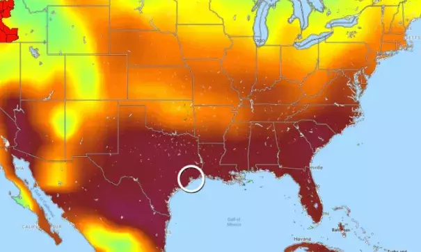 Heat continues to build across the Deep South and Texas Gulf Coast, where the hot temperatures have combined with high humidity. Image: SSEC/RealEarth/University of Wisconsin at Madison