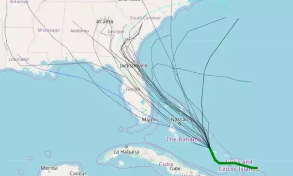 Range of model track forecasts for disturbance that could become Tropical Storm Humberto. Image: StormVistaWxModels.com