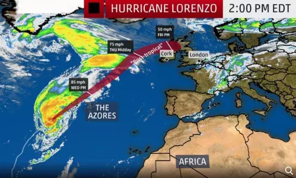 The red-shaded area denotes the potential path of the center of the tropical cyclone. It's important to note that impacts (particularly heavy rain, high surf, coastal flooding, winds) with any tropical cyclone usually spread beyond its forecast path. Image: The Weather Channel