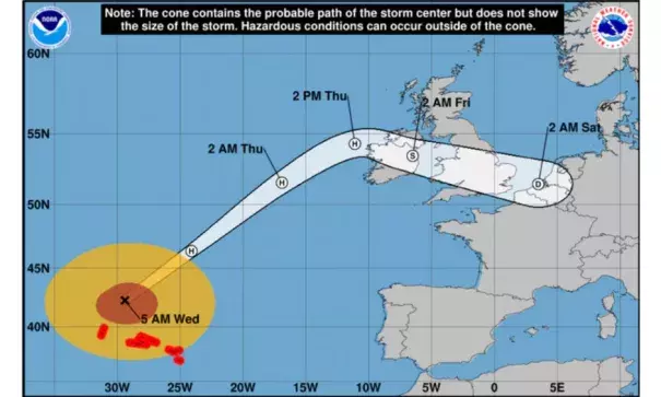Hurricane Lorenzo weakened into a Category 1 storm just before arriving near the western Azores where it caused minimal damage, the National Hurricane Center said in its 5 a.m. Wednesday update. Image: The National Hurricane Center