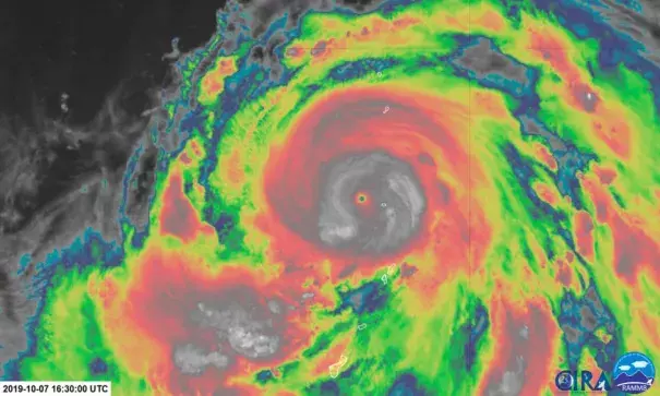 Super Typhoon Hagibis at Category 5 equivalent strength Monday. Image: CIRA and RAMMB