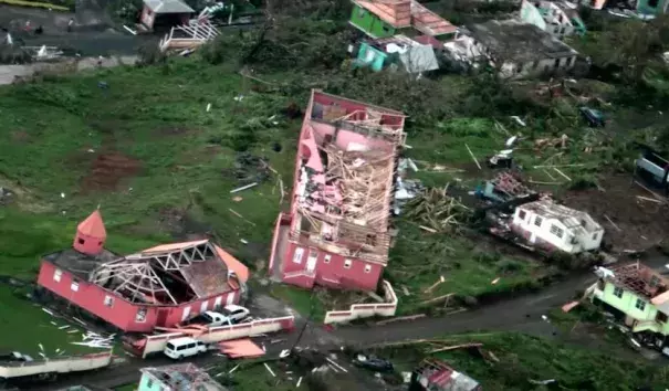 Damage on the Lesser Antilles island of Dominica, after Hurricane Maria hit as a Category 5 storm with 160 mph winds. Maria killed at least 7 people on Dominica, and 2 on neighboring Guadeloupe. Image: Still from video by the Caribbean Disaster Emergency Management Agency