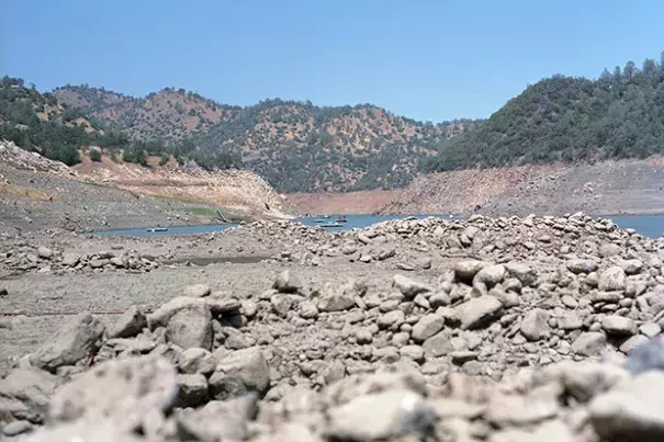 Low water in Don Pedro Reservoir, located in the foothills of the Sierra Nevada about 10 miles west of Yosemite National Park. This photo was taken on October 10, 2014, when nearly the entire state of California was still classified as being drought status D4—exceptional drought. Photo: Andrew Williams