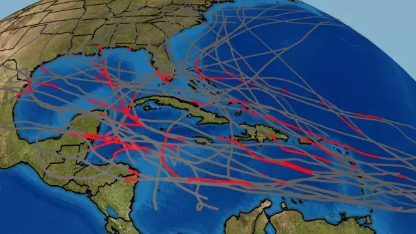 The tracks of all 35 Category 5 Atlantic hurricanes are shown on the map above. The segment of each track where those hurricanes had Category 5 winds is shown in red.