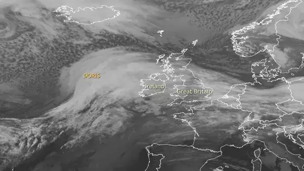 Infrared satellite images of Doris hitting Ireland and the United Kingdom between February 22 and 23, 2017. Image: NOAA Climate.gov, based on Meteosat SEVIRI images