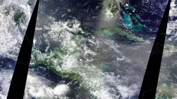 The light brown areas show the hazy conditions associated with Saharan dust in the western Gulf of Mexico and western Caribbean June 20. Image: NASA