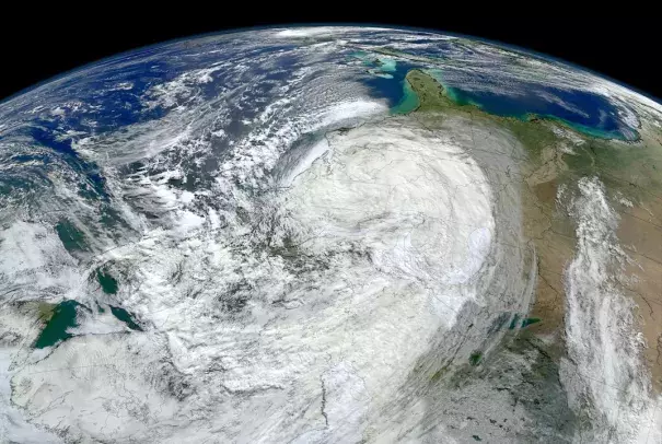 A NASA image of Hurricane Sandy moving along the United States' East Coast. Extreme weather events like this are becoming more frequent, but scientists still face challenges when attributing any one storm to climate change. Photo: Alamy Read