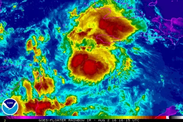 Infrared satellite image of Tropical Storm Earl at 1615Z (12:15 pm EDT) Tuesday, August 2, 2016. Image: NOAA/NESDIS