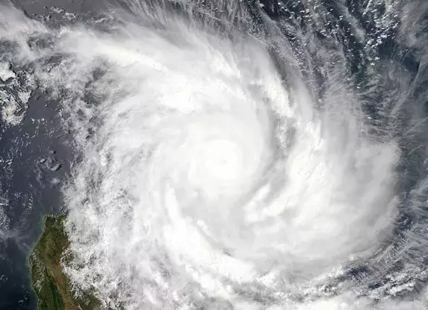 Visible MODIS image of Enawo taken at 10:24 UTC (5:24 am EST) Tuesday March 7, 2017. At the time, Enawo had just made landfall over northeast Madagascar as a Category 4 storm with 145 mph winds. Image: NASA