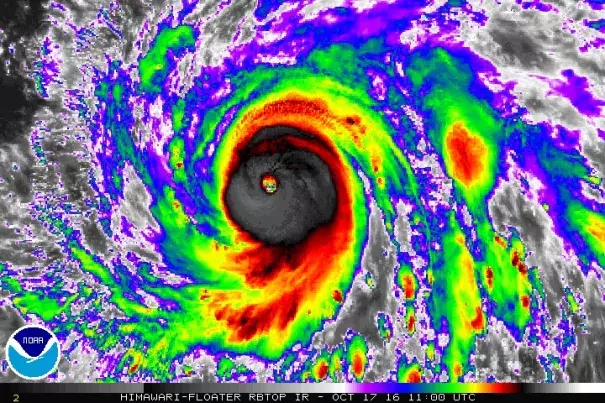 Enhanced infrared Himiwari-8 satellite image of Typhoon Haima at 7:00 am EDT Monday, October 17, 2016. Image: NOAA/NESDIS