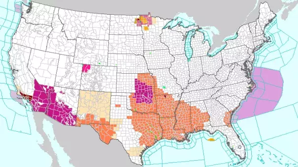 The National Weather Service has issued excessive heat warnings, designated in magenta, for parts of several states beginning Saturday and continuing until Tuesday. Image: National Weather Service
