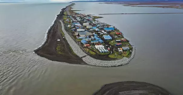An aerial view from a drone shows the village of Kivalina, Alaska, which sits at the very end of an eight-mile barrier reef located between a lagoon and the Chukchi Sea, photographed on September 10, 2019. Photo: Joe Raedle, Getty