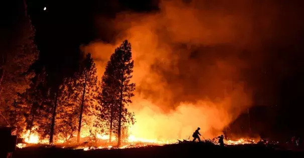 A firefighter battles the Ponderosa Fire east of Oroville, California, in late August. Photo: Noah Berger, Reuters