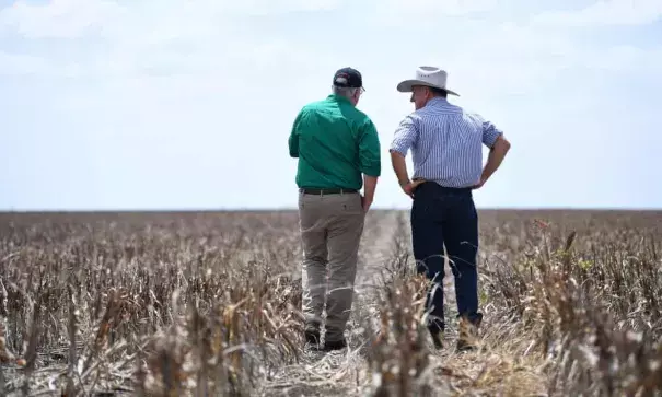 Prime minister Scott Morrison visits drought affected farm in Queensland. Credit: Dan Peled/EPA