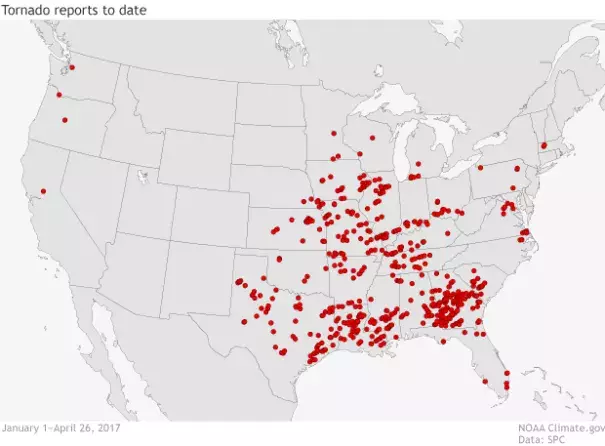 2017 year-to-date tornado reports (January1 - April 26). Map by climate.gov from Storm Prediction Center data. Image: NOAA Climate.gov SPC