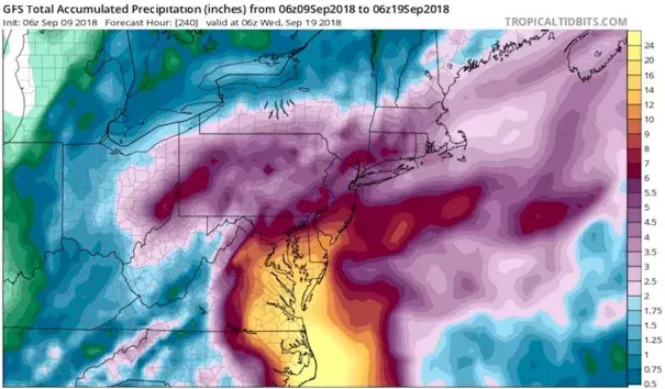 If the 06Z Sunday forecast from the GFS model were to verify exactly—with Florence centered in far eastern NC and far southeast VA from Friday through Monday, September 14-17—these are the rainfall amounts that would result, as predicted by the model. Widespread 10”+ amounts would extend from Cape Hatteras to the Washington, D.C., area; the Norfolk/Hampton Roads area of southeast VA would receive more than 20”. Credit: Tropical Tidbits