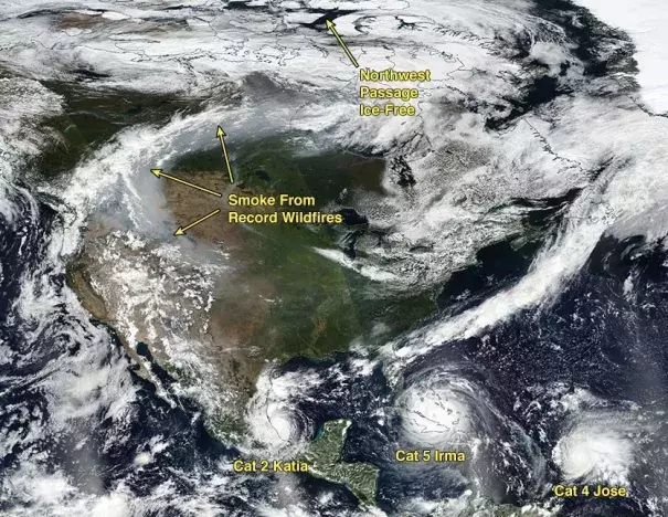 The future was now in 2017. In a scence that climate scientists say we should see more of in a future warmer climate, the GOES-16 satellite image from September 8, 2017 showed multiple intense hurricanes in the Atlantic, along with smoke from large wildfires and an ice-free Northwest Passage. Image: Weather Underground | Category 6