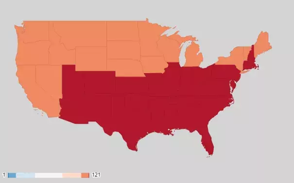 Average temperature ranking for the Lower 48 states over the past 36 months. Dark red indicates warmest on record. Orange indicates much warmer than normal. Image: NOAA