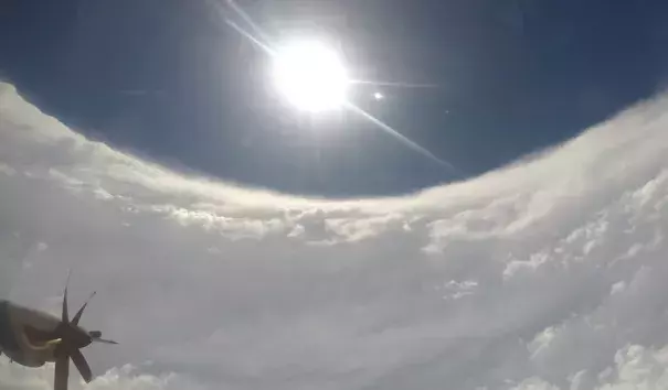 A view of the "stadium effect" from the intense thunderstorms lining the eyewall of Hurricane Dorian as photographed from an Air Force Hurricane Hunter aircraft on September 1, 2019. Credit: Garrett Black.