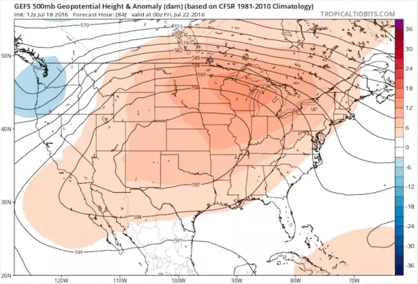 00-millibar heights (in decameters, or tens of meters) predicted for 8:00 PM Thursday, July 21, 2016, by the 12Z Monday GEFS (the ensemble run of the GFS model). The colors show how much the predicted 500-mb height deviates from the average for this time of year. Image: tropicaltidbits