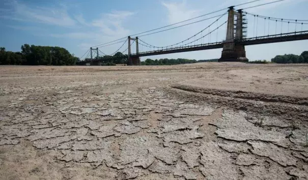 A dry part of the bed of the River Loire at Montjean-sur-Loire, France, on July 24, 2019, as drought conditions prevail over much of western Europe. Credit: Loic Venance, AFP, Getty Images