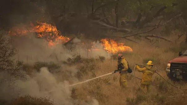Firefighters retreat ahead of flames in Placerita Canyon north of Los Angeles on Sunday. The Sand Fire there has burned an estimated 33,000 acres of dry vegetation, and thousands of people have been evacuated from their homes. Photo: David McNew/Getty Images